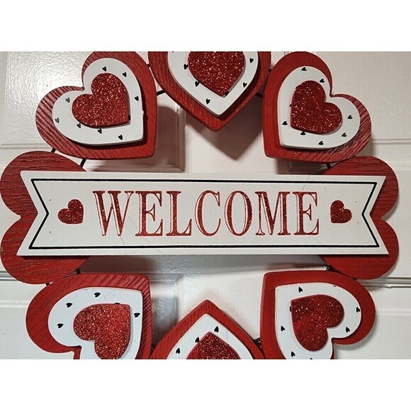 Valentine's Day Heart Wreath Door Hanger Sign Red White Glitter Wooden Welcome - Picture 2 of 9